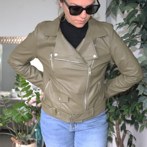 ShineStar - Faux Leather Moto Jacket (Army Green, L) - Picture 3 of 10